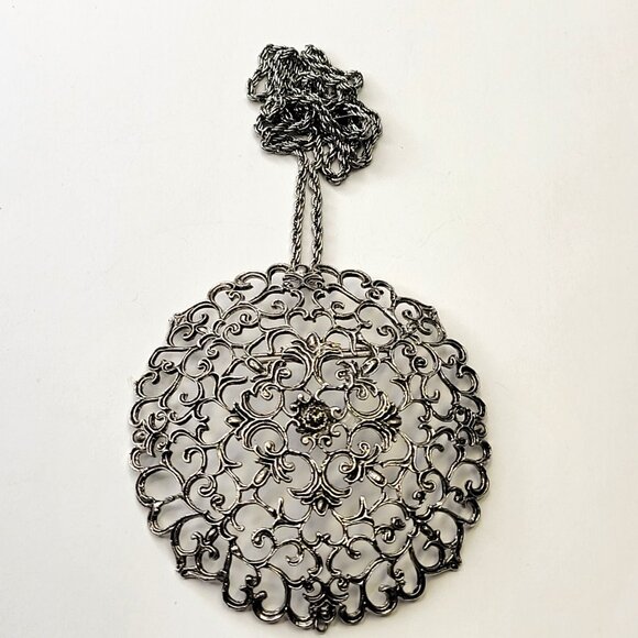 Vintage Antique Silver Statement Pendant Filigree Round Pendany - Picture 7 of 12